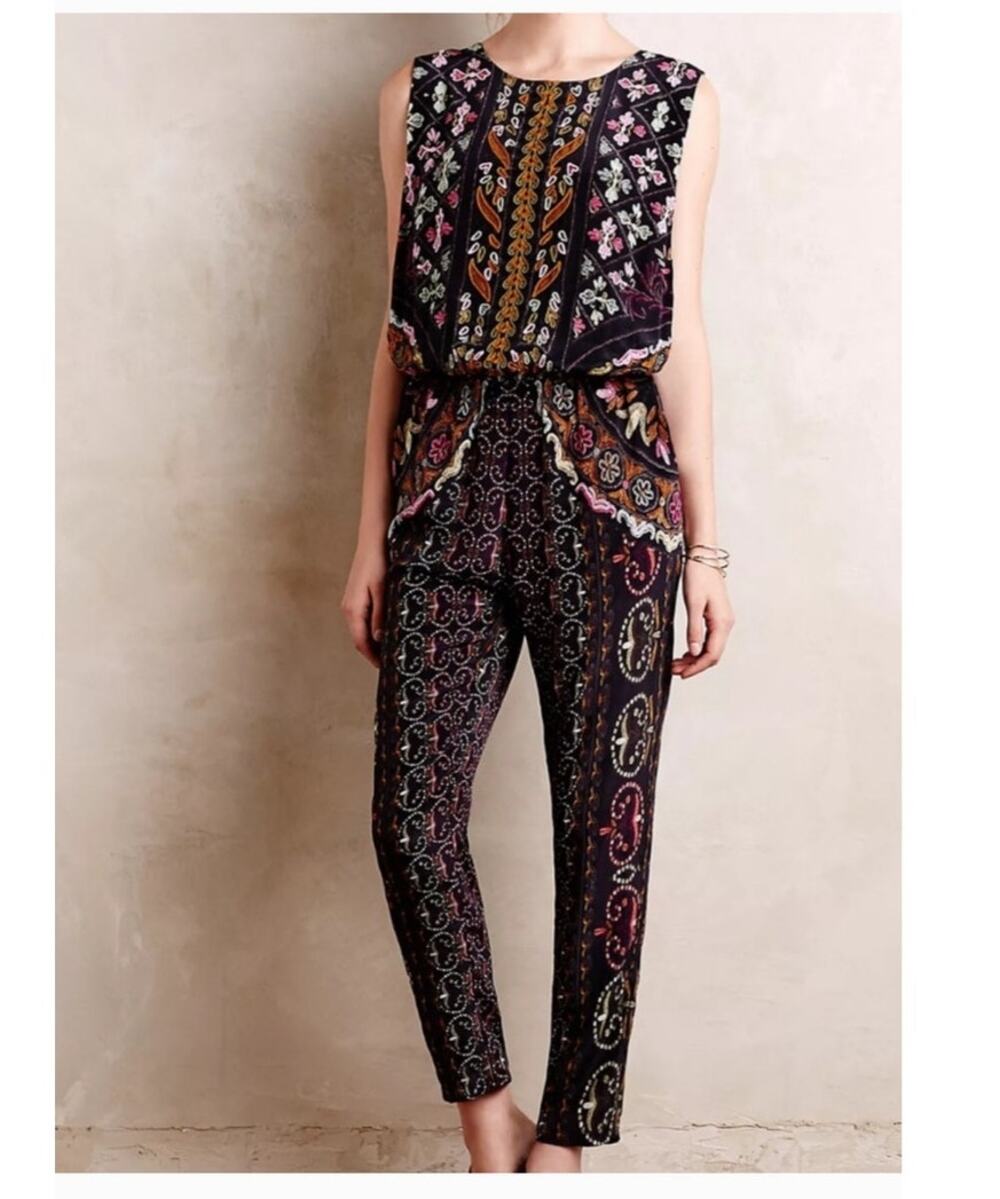 Hemant + Nandita black floral jumpsuit embroidered XS boho event evening party